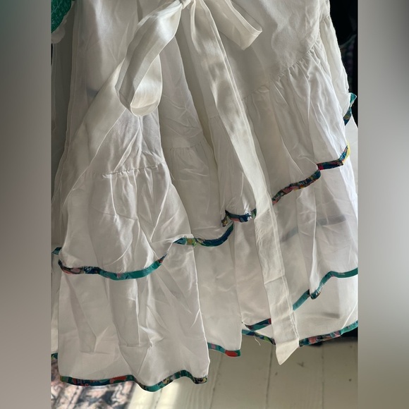 NWT Taj by Sabrina Crippa OLIVIA WRAP Ruffle DRESS in White and Teal - Picture 3 of 12